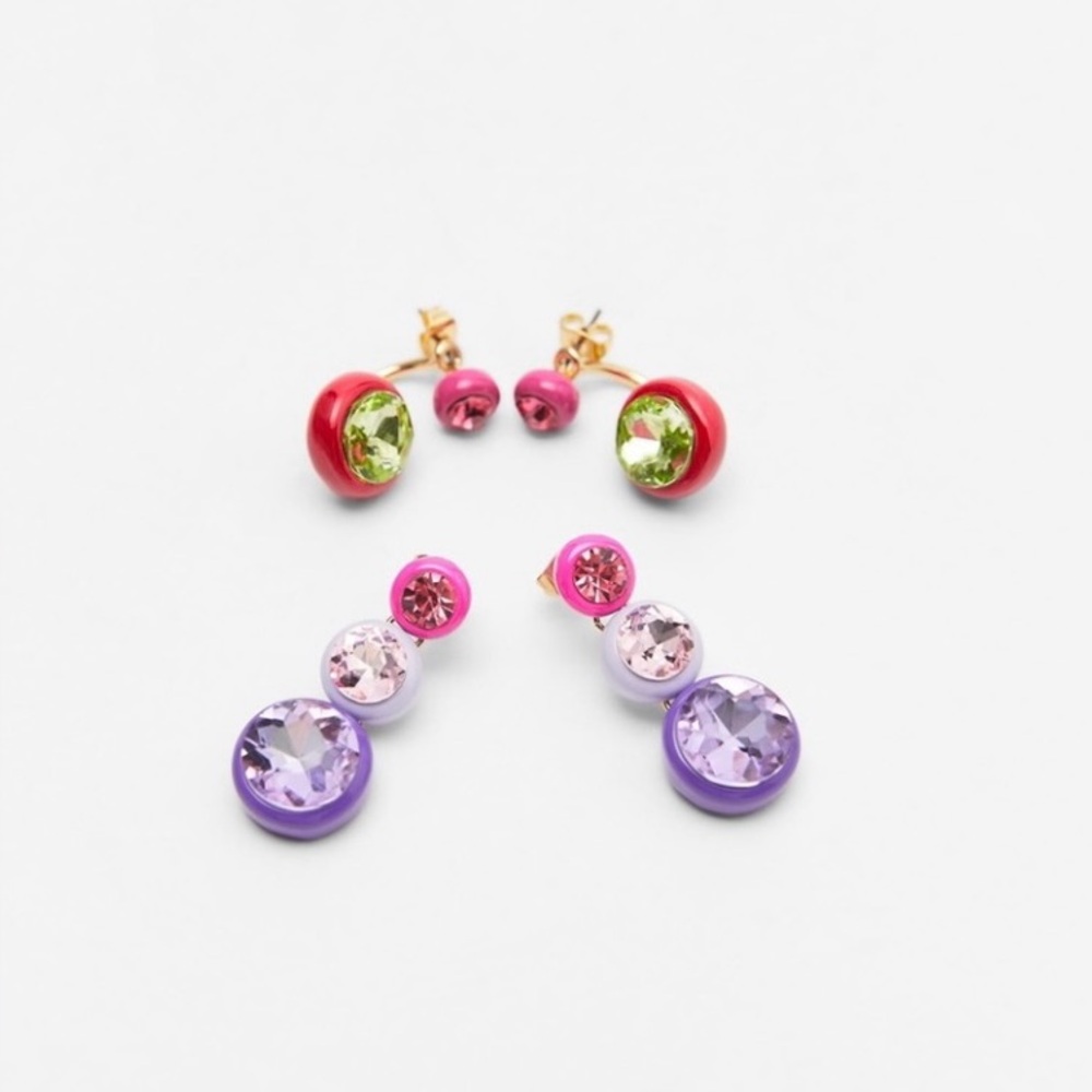 Zara Fuchsia, Pink, Purple, Green Drop Earrings With Multicolored Gems | NWT